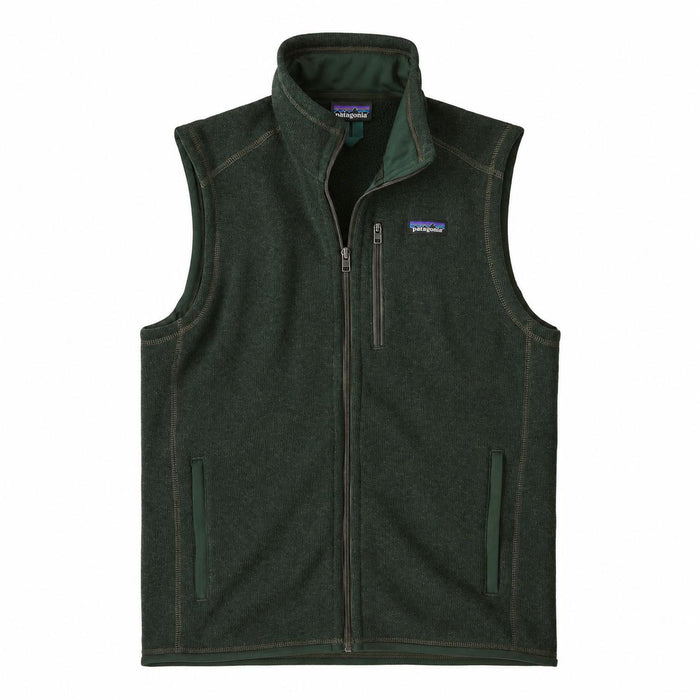 Patagonia Men's Better Sweater vest in dark green fleece with a full-zip front, stand-up collar, and zippered chest pocket.