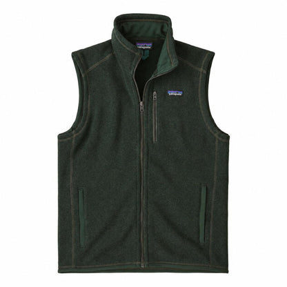 Patagonia Men's Better Sweater vest in dark green fleece with a full-zip front, stand-up collar, and zippered chest pocket.
