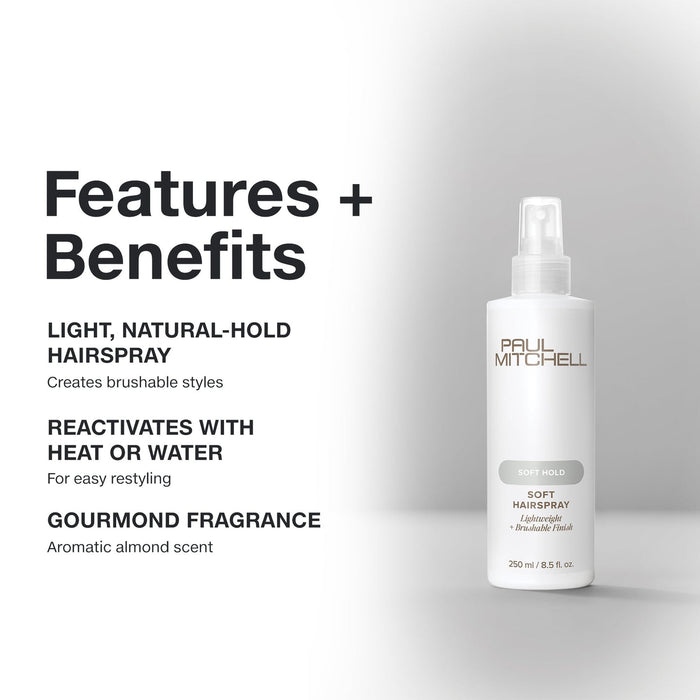 Paul Mitchell Soft Hold Soft Hairspray 250ml on a light grey studio background, highlighting brushable hold, easy restyling and almond fragrance.