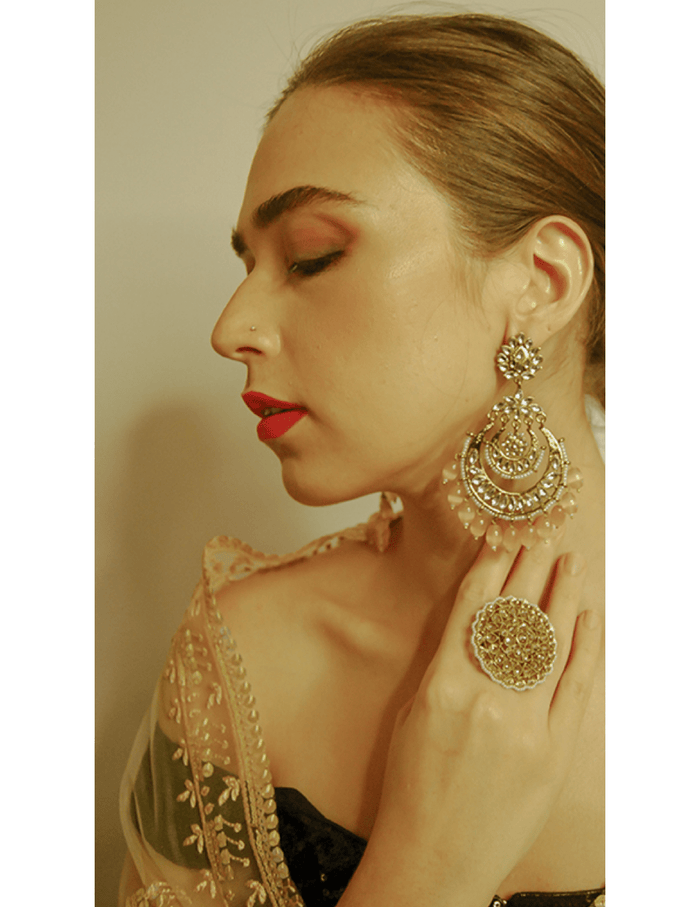 Peach Silver Chandbali Earrings