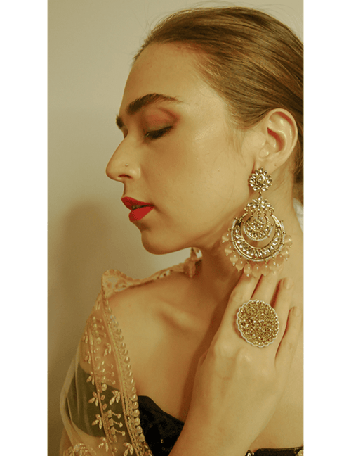 Peach Silver Chandbali Earrings