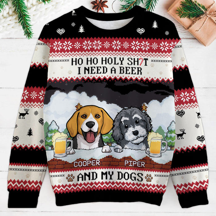 Personalized Dog Dad Ugly Christmas Sweatshirt - Ho Ho Holy I Need Beer And Dog Gift From the Dog, Custom Dog Breed & Name