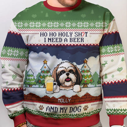 Personalized Dog Dad Ugly Christmas Sweatshirt - Ho Ho Holy I Need Beer And Dog Gift From the Dog, Custom Dog Breed & Name