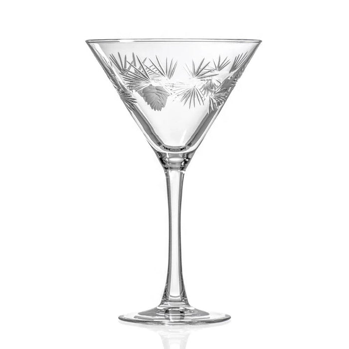10 oz martini glass with frosted pinecone and polished pine needle etched designs on clear glass.