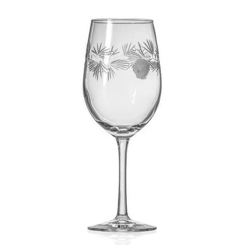 12 oz tulip wine glass featuring frosted pinecone and polished pine needle detailing on clear glass.
