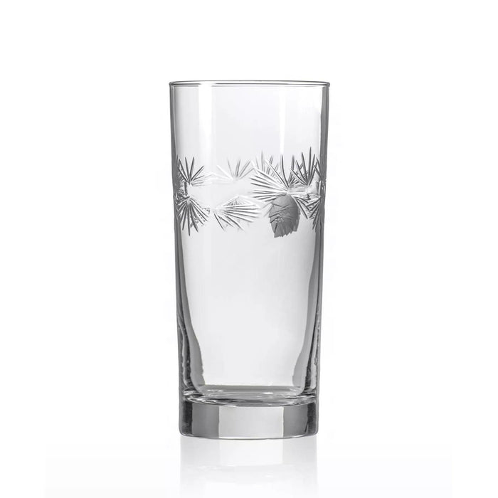 15 oz clear highball glass featuring an etched frosted pinecone and polished pine needle design.