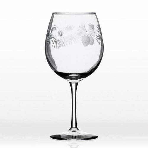 18 oz clear wine glass with deep-etched pine needle and frosted pinecone design, 9 inches tall.