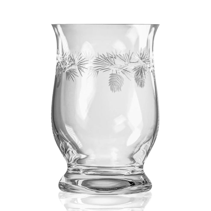8-inch clear glass hurricane shade featuring hand-engraved frosted pinecone and needle designs.