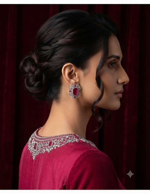 A woman in profile wearing a deep pink embroidered kurta and a matching pink rectangular stud earring with a silver halo setting, posed against a dark red velvet curtain.