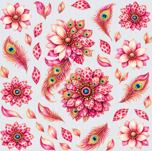 Pink Leopard Peacock Flowers is a 10X10 uv dtf full sheet