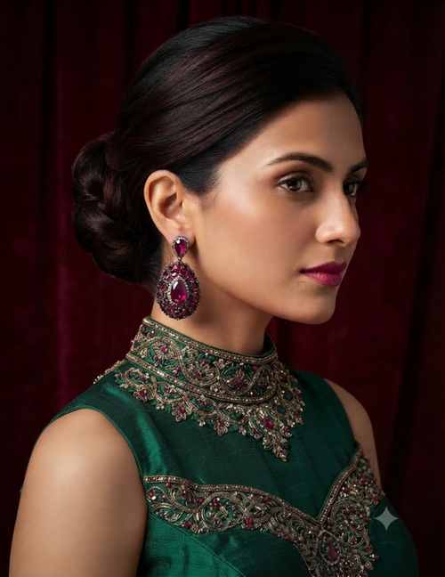A woman in profile wearing a dark green embellished traditional outfit with a high embroidered collar and matching dangling earrings, posed against a deep burgundy curtain background.
