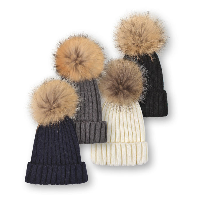 Set of four ribbed acrylic beanies in navy, grey, ivory, and black with detachable raccoon fur pom-poms.