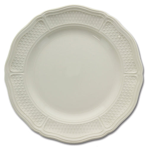 White Gien Pont Aux Choux charger plate with a scalloped edge and textured 19th-century embossed rim, 12 3/4 inches.