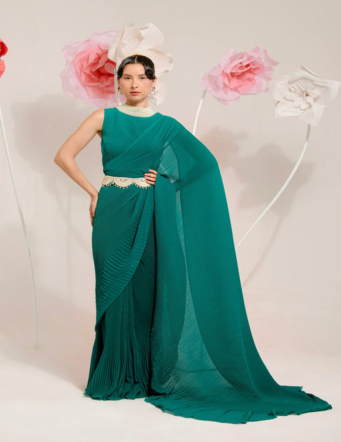 Pre-Draped Teal Green Saree