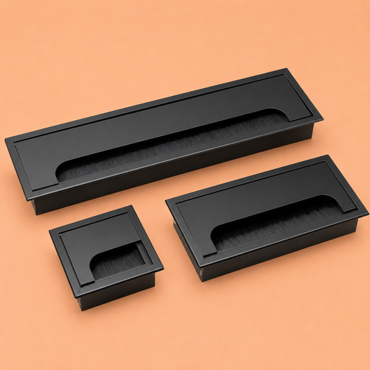 Premium Matte Black Aluminium Desk Cable Grommets – Professional Flip-Top Wire Organizer with Brush Strip