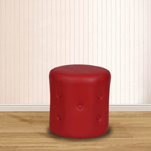 Premium Red Leatherette Round Ottoman Puffy Stool with Stylish Button Tufted Footrest for Living Room