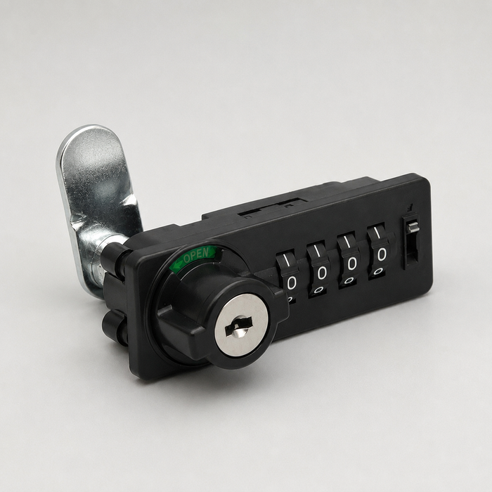 Professional High-Security Furniture Lock – 4-Wheel Number Lock with Emergency Key Access and Open/Close Indicator