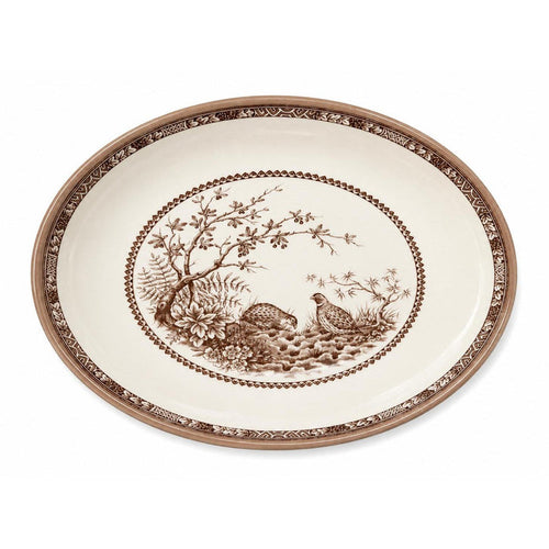 Oval vegetable bowl in brown quail china with a detailed nature scene, crafted in England, 10-inch size.