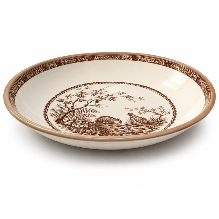 Oval brown and cream quail-patterned china vegetable bowl with a decorative rim, made in England.