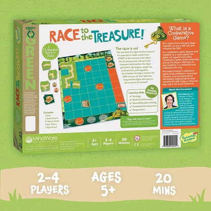 Back of the box for Race to the Treasure on a green background.