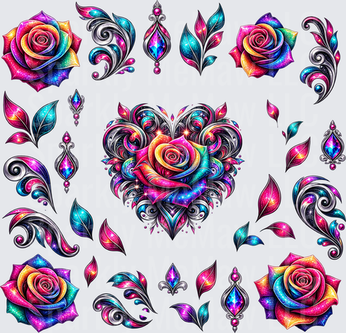 Rainbow Galaxy Rose Heart Flourish Collection 10X10 UV DTF Full Sheet