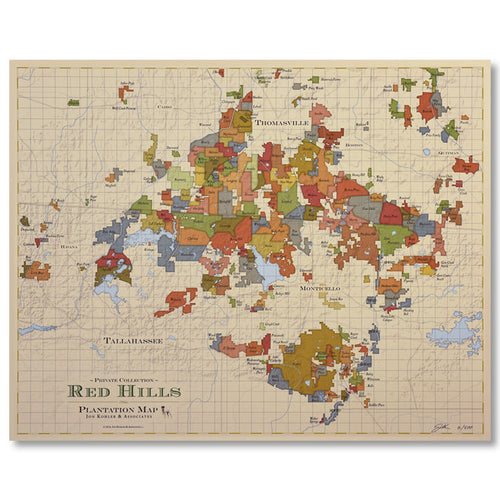 Detailed 29x23-inch Red Hills Plantation map print featuring colorful land parcels on a vintage-style parchment background.