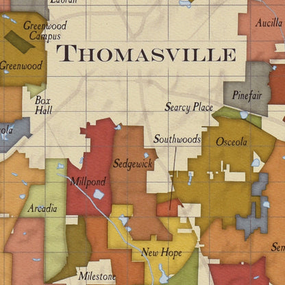 Detailed Red Hills Plantation map print featuring colorful estate boundaries and labels on a vintage-style paper background.
