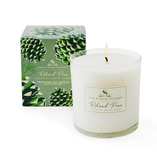 Roland Pine 9.5 oz soy candle in a glass jar with a lit wick next to its green pinecone-patterned box.
