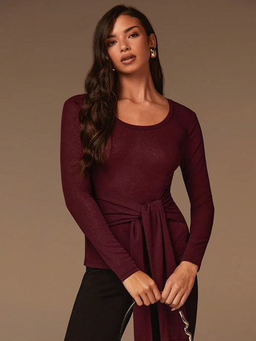 ROUND NECKLINE LONG SLEEVES WAIST TIE DETAIL TOP
