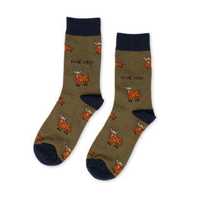 flat lay of green Highland cow bamboo socks