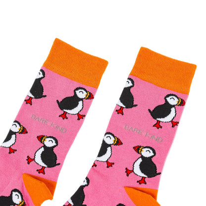 close up to pink puffin bamboo socks