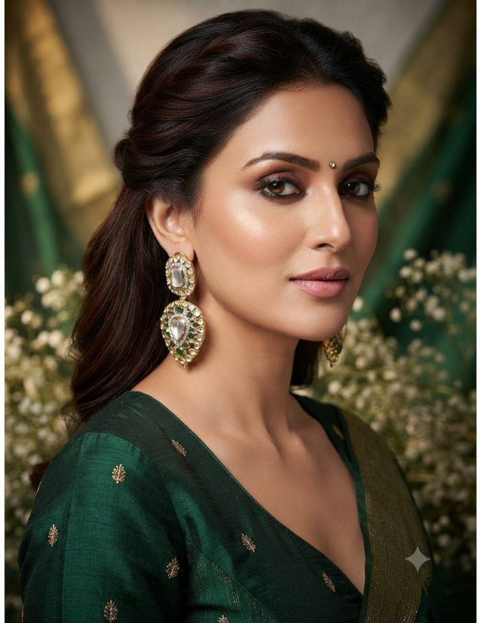 A woman in a dark green embroidered traditional outfit with gold detailing, wearing large ornate gold and white statement earrings, photographed against a soft blurred green and gold background.