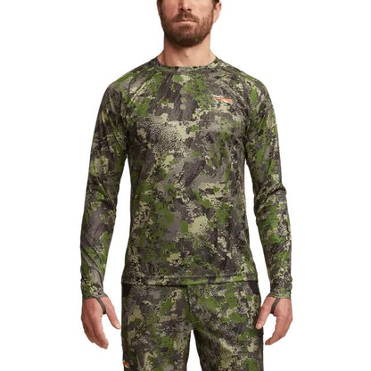 Sitka Core Lightweight long sleeve crew shirt in green camo print with a crew neck and moisture-wicking performance fabric.