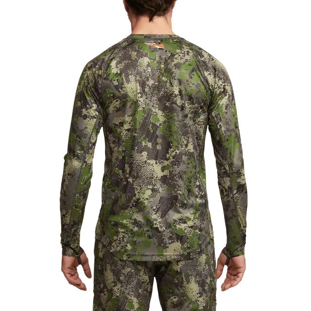 Back view of Sitka Core Lightweight long sleeve crew in green camo pattern with moisture-wicking stretch fabric.