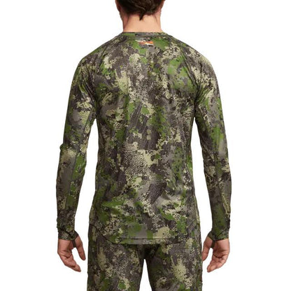Back view of Sitka Core Lightweight long sleeve crew in green camo pattern with moisture-wicking stretch fabric.