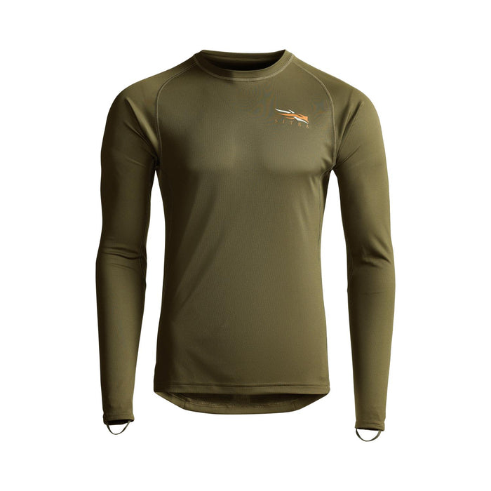 Olive green Sitka Core Lightweight long sleeve crew base layer with moisture-wicking fabric and chest logo.