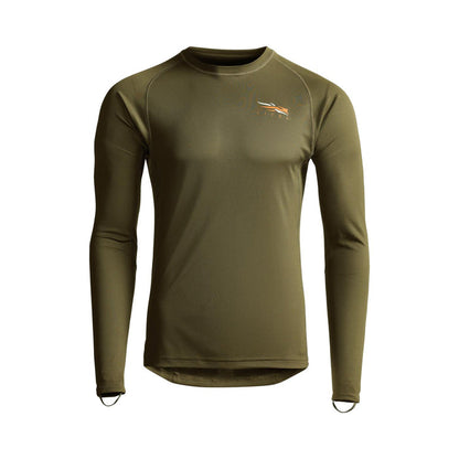 Olive green Sitka Core Lightweight long sleeve crew base layer with moisture-wicking fabric and chest logo.