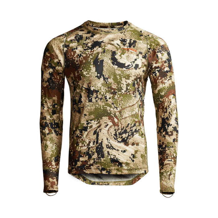 Sitka Core Lightweight long sleeve crew shirt in camo print with moisture-wicking, quick-dry polyester fabric.