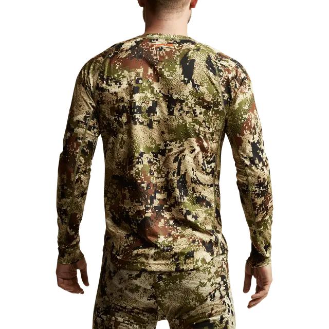 Back view of a Sitka Core Lightweight long sleeve crew shirt in camouflage print, featuring moisture-wicking stretch fabric.