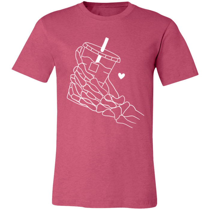 Skeleton Coffee graphic t-shirt in Heather Raspberry