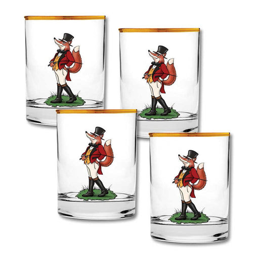 Set of four 14 oz double old-fashioned glasses featuring a dapper fox in a riding habit with a gold-rimmed edge.