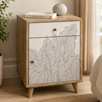 Solid Mango Wood Bedside Table with 1 Drawer & 1 Door, Nature Inspired Leaf Design