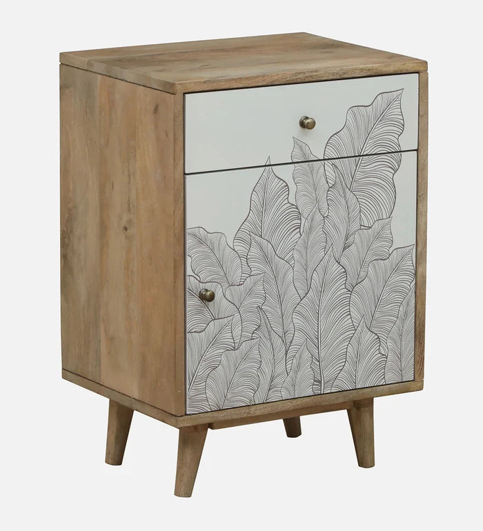Solid Mango Wood Bedside Table with 1 Drawer & 1 Door, Nature Inspired Leaf Design