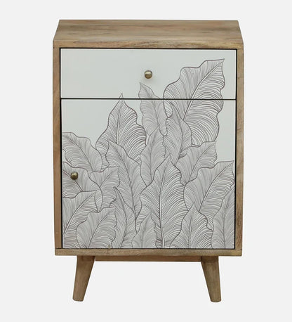 Solid Mango Wood Bedside Table with 1 Drawer & 1 Door, Nature Inspired Leaf Design
