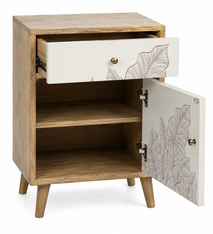 Solid Mango Wood Bedside Table with 1 Drawer & 1 Door, Nature Inspired Leaf Design
