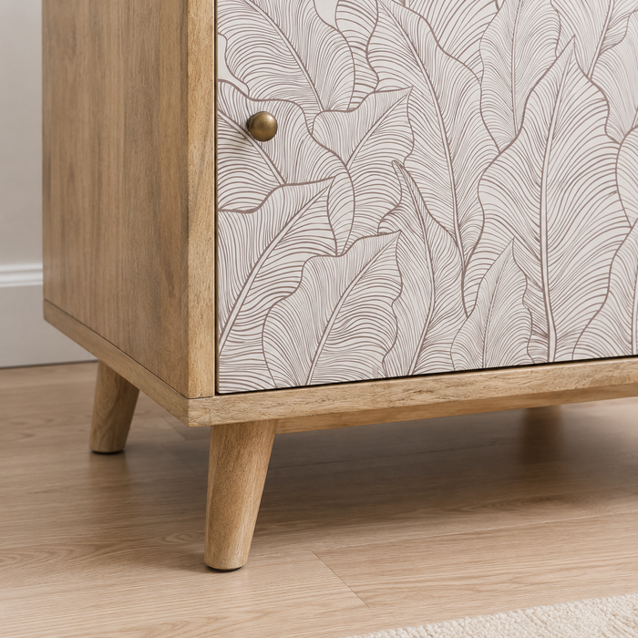 Solid Mango Wood Bedside Table with 1 Drawer & 1 Door, Nature Inspired Leaf Design