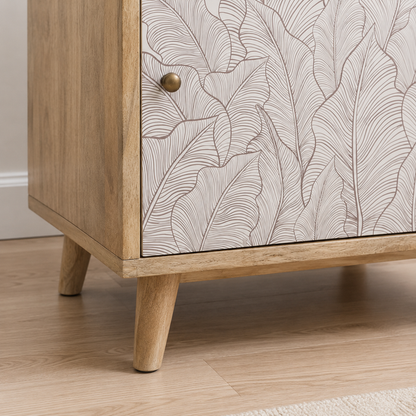 Solid Mango Wood Bedside Table with 1 Drawer & 1 Door, Nature Inspired Leaf Design