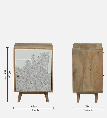 Solid Mango Wood Bedside Table with 1 Drawer & 1 Door, Nature Inspired Leaf Design