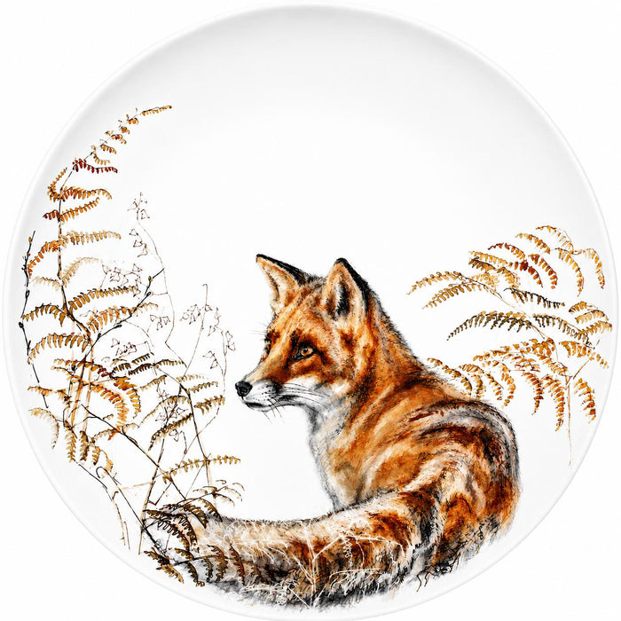 Gien Sologne white porcelain dessert plate featuring a detailed, rustic fox illustration surrounded by golden ferns.