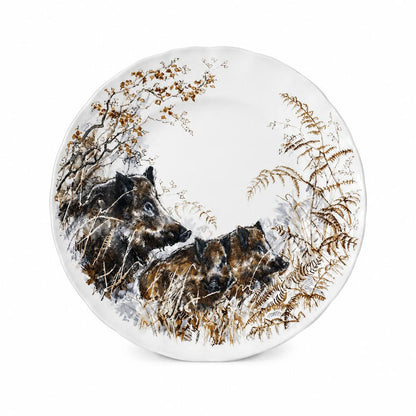 Gien Sologne white porcelain dessert plate featuring a detailed wild boar illustration in rustic brown tones.